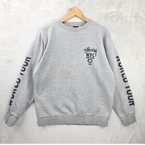 Stussy NYC Crew 1980 World Tour Crewneck Sweatshirt Mens Large Gray Vintage Y2K